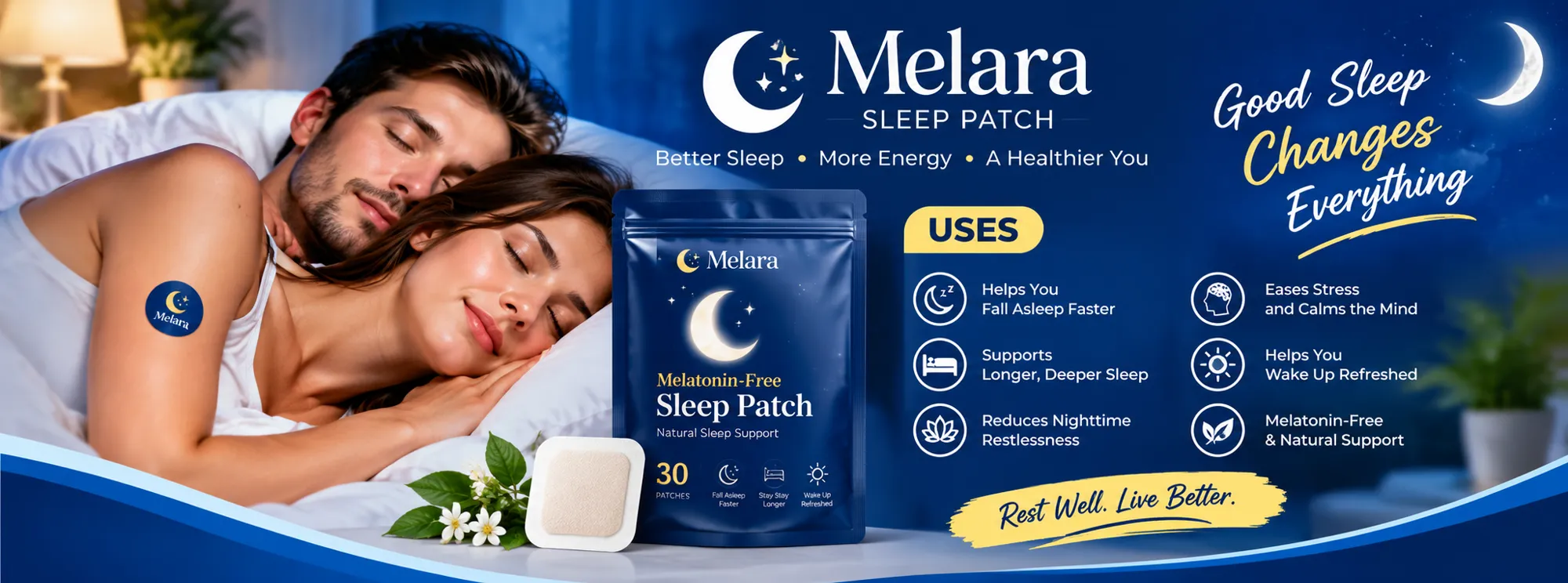 Melara Sleep Patch banner: a couple asleep beside a pack of 30 melatonin-free sleep patches, with the line Good Sleep Changes Everything