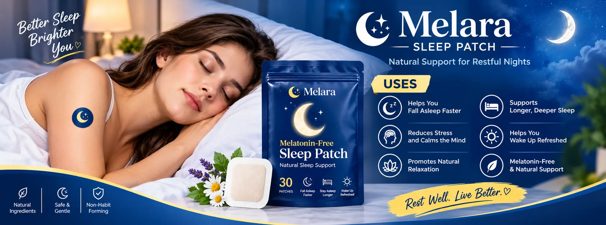 Melara Sleep Patch banner: natural support for restful nights, listing its uses alongside the 30-patch pack