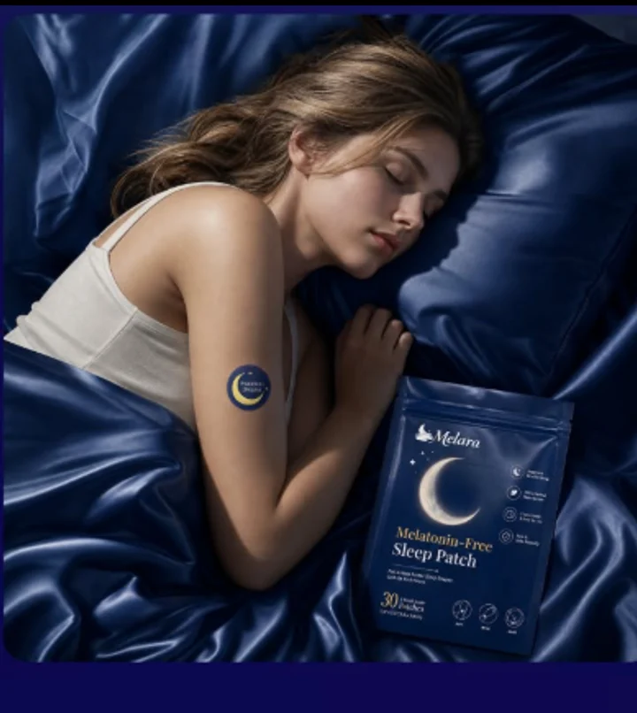 A woman asleep wearing the Melara Sleep Patch on her upper arm, next to a pack of 30 patches