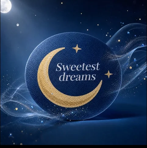 A single Melara sleep patch shown close up, with a gold crescent moon and stars on a deep navy field